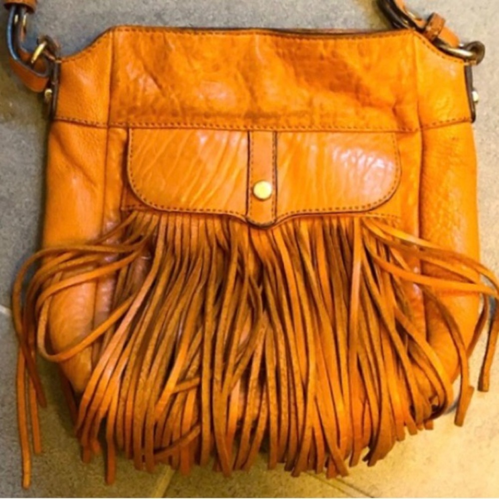 Rebecca Minkoff leather fringe cross-body with gold metals